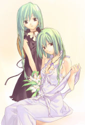 Rule 34 | 00s, 2girls, alternate eye color, alternate hairstyle, bare shoulders, black dress, bouquet, braid, brown eyes, dress, engo (mongo), flower, green hair, hat, higurashi no naku koro ni, jewelry, light smile, lily (flower), long hair, looking at viewer, mature female, mother and daughter, multiple girls, necklace, parted lips, simple background, sitting, smile, sonozaki akane, sonozaki mion, white dress