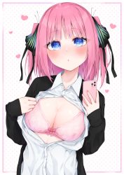 Rule 34 | 1girl, absurdres, black jacket, black ribbon, blue eyes, blush, bow, bow bra, bra, breasts, cellphone, cleavage, collared shirt, commentary request, dress shirt, go-toubun no hanayome, hair ribbon, hands up, heart, heart-shaped pupils, highres, hijouguti, holding, holding phone, jacket, long sleeves, looking at viewer, medium breasts, nail polish, nakano nino, open clothes, open jacket, parted lips, phone, pink bra, pink hair, pink nails, polka dot, polka dot background, ribbon, shirt, sleeves past wrists, solo, symbol-shaped pupils, two side up, underwear, upper body, white background, white shirt