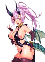 Rule 34 | 1girl, bare hips, bare shoulders, blunt ends, breasts, cleavage, clothing cutout, commentary request, covered erect nipples, cowboy shot, cross-laced clothes, dragon girl, dragon horns, dragon tail, dragon wings, fang, fingernails, hand up, heart cutout, high ponytail, highres, horns, jewelry, navel, neck ring, onsoku inu, open mouth, original, parted bangs, scales, sharp fingernails, shiny skin, side cutout, sideboob, simple background, skindentation, solo, tail, thighhighs, tsurime, white background, wings