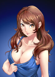 Rule 34 | 1girl, albyee, alternate costume, alternate hairstyle, blue background, blue shirt, breasts, brown eyes, brown hair, cleavage, clothes pull, collarbone, commentary, commission, english commentary, eyelashes, gradient background, kujikawa rise, large breasts, lips, long hair, looking at viewer, parted bangs, parted lips, persona, persona 4, shiny skin, shirt, shirt pull, sideboob, sidelocks, signature, sleeveless, sleeveless shirt, solo, swept bangs, upper body