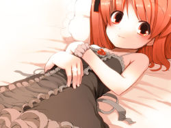 Rule 34 | 1girl, bare shoulders, dress, flat chest, fuyuno mikan, jewelry, lying, on back, original, red eyes, red hair, ring, smile, solo, wristband