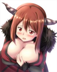 Rule 34 | 10s, 1girl, blush, breast hold, breasts, brown hair, cleavage, collarbone, crossed arms, curvy, d:, dress, fake horns, fur trim, horns, huge breasts, long dress, long hair, long sleeves, maou (maoyuu), maoyuu maou yuusha, open mouth, red eyes, solo, tonky