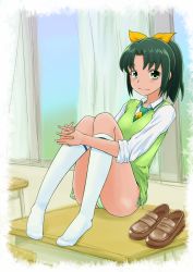 Rule 34 | 10s, 1girl, bad id, bad pixiv id, blush, desk, feet, green eyes, green hair, hair ribbon, highres, hugging own legs, kneehighs, loafers, magical girl, matching hair/eyes, midorikawa nao, no pants, own hands clasped, own hands together, panties, ponytail, precure, ribbon, school uniform, shoes, unworn shoes, short hair, side-tie panties, sleeves rolled up, smile, smile precure!, socks, solo, suzushiro nazuna, underwear