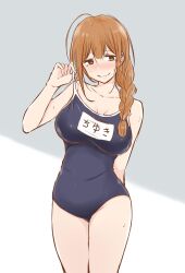 Rule 34 | 1girl, ahoge, arm behind back, bare shoulders, blue one-piece swimsuit, blush, braid, breasts, brown eyes, brown hair, cleavage, closed mouth, collarbone, cowboy shot, famikuzu, hair over shoulder, hand up, highres, idolmaster, idolmaster shiny colors, kuwayama chiyuki, large breasts, long hair, looking at viewer, name tag, one-piece swimsuit, school swimsuit, shy, simple background, single braid, solo, standing, strap pull, sweat, swimsuit, two-tone background