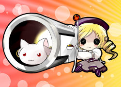 Rule 34 | 10s, 1girl, :3, beret, black eyes, blonde hair, chibi, corset, detached sleeves, drill hair, gun, hair ornament, hat, huge weapon, kyubey, magical girl, mahou shoujo madoka magica, mahou shoujo madoka magica (anime), pleated skirt, puffy sleeves, ringlets, skirt, striped clothes, striped thighhighs, thighhighs, tomoe mami, vertical-striped clothes, vertical-striped thighhighs, weapon, yume shokunin