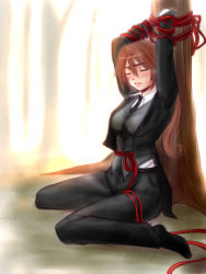 Rule 34 | 1girl, arms up, bdsm, black footwear, blush, bondage, bound, brown hair, closed eyes, highres, long hair, mare018, necktie, original, rope, shirt, shoes, solo, tailcoat, tree, tuxedo, vest, white shirt
