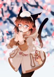 Rule 34 | 1girl, animal ears, warrior of light (ff14), black hair, black nails, blush, brown coat, brown hair, cat ears, cat girl, cat tail, cherry blossoms, coat, final fantasy, final fantasy xiv, gift art, glasses, gradient hair, grin, highres, jewelry, long sleeves, looking at viewer, medium hair, multicolored hair, nail polish, own hands together, parted lips, projecttiger, ring, round eyewear, short hair, smile, solo, tail, teeth