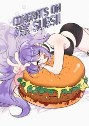 Rule 34 | 1girl, boots, burger, choker, congratulations, english text, fang, food, highres, hololive, hololive indonesia, lying, moona hoshinova, multicolored hair, on side, one eye closed, open mouth, purple eyes, sakon04, shirt, shorts, sleeveless, sleeveless shirt, smile, solo, thigh boots, thighhighs, two-tone hair, v, virtual youtuber