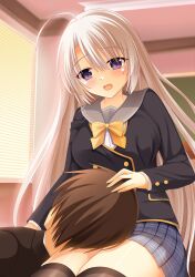 Rule 34 | 1boy, 1girl, absurdres, ahoge, ayachi nene, black jacket, black thighhighs, blurry, blurry background, blush, bow, breasts, brown hair, classroom, commentary, couple, cowboy shot, eyelashes, eyes visible through hair, grey hair, grey sailor collar, grey skirt, hair between eyes, headpat, hetero, highres, hoshina shuuji, indoors, jacket, kouyou minami, lap pillow, large breasts, long hair, long sleeves, looking at another, looking down, miniskirt, open mouth, plaid, plaid skirt, pleated skirt, purple eyes, sailor collar, sanoba witch, school uniform, short hair, sidelighting, sitting, skirt, spoilers, straight hair, sunset, tearing up, tears, thighhighs, thighs, very long hair, window, yellow bow, zettai ryouiki