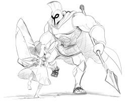 Rule 34 | 1boy, 1girl, barefoot, bow, child, cirno, crossover, greyscale, hair bow, league of legends, long image, monochrome, pantheon (league of legends), polearm, sandals, shield, simple background, spacezin, spear, stick, tall image, touhou, weapon, white background