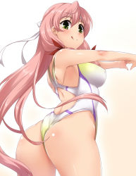 Rule 34 | 1girl, akashi (kancolle), alternate costume, ass, breasts, competition swimsuit, gradient background, green eyes, hair between eyes, hair ribbon, highres, kantai collection, large breasts, long hair, looking at viewer, multicolored clothes, multicolored swimsuit, one-piece swimsuit, pink hair, ribbon, solo, swimsuit, very long hair, yoshi tama