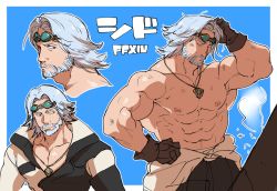 Rule 34 | 1boy, abs, bara, beard, brown gloves, cid nan garlond, clothes around waist, collage, expressions, facial hair, final fantasy, final fantasy xiv, gloves, goggles, goggles on head, jewelry, large pectorals, pectoral cleavage, male focus, mature male, medium hair, multiple views, muscular, muscular male, mustache, navel, necklace, nipples, partially unbuttoned, pectorals, shirt, shirt around waist, topless male, silver hair, stomach, sugo6969