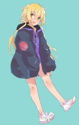 Rule 34 | 1girl, alternate costume, blue background, caburi, full body, hair between eyes, highres, hood, hood down, hooded jacket, jacket, kantai collection, long hair, long sleeves, open mouth, satsuki (kancolle), shoes, simple background, sneakers, solo, twintails, yellow eyes, zipper