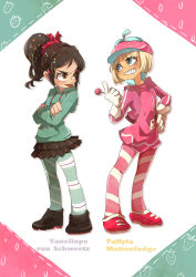 Rule 34 | 2girls, :p, black hair, blonde hair, blue eyes, brown eyes, candy, character name, crossed arms, disney, dress, food, food-themed hair ornament, gloves, grin, hair ornament, hat, heiyellmi, hood, hoodie, lollipop, multiple girls, pantyhose, ponytail, short dress, smile, striped clothes, striped legwear, striped pantyhose, taffyta muttonfudge, tongue, tongue out, vanellope von schweetz, wreck-it ralph
