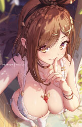 Rule 34 | 1girl, atelier (series), atelier ryza, bow hairband, bra, braid, breasts, brown eyes, brown hair, choker, closed mouth, crown braid, finger to mouth, from above, hairband, jewelry, large breasts, looking at viewer, mitsu (mitsu art), necklace, panties, red choker, reisalin stout, smile, solo, standing, thighhighs, underwear, underwear only, white bra, white panties, white thighhighs