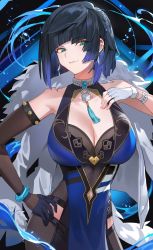 Rule 34 | 1girl, blue hair, blush, breasts, cleavage, cleavage cutout, clothing cutout, commentary, earrings, english commentary, eyelashes, eyes visible through hair, female focus, genshin impact, gloves, green eyes, hand on own hip, highres, hood (james x), jewelry, large breasts, looking at viewer, mole, mole on breast, short hair, solo, yelan (genshin impact)