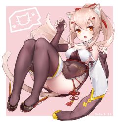 Rule 34 | 1girl, animal ears, animal hands, ayanami (azur lane), ayanami (lunar demon) (azur lane), azur lane, bad id, bad pixiv id, blush, breasts, brown eyes, brown thighhighs, cat day, cat ears, cat paws, cat tail, catumi (ta938 ka23), chinese clothes, dated, detached sleeves, full body, hair between eyes, hair ribbon, highres, kemonomimi mode, light brown hair, long hair, long sleeves, looking at viewer, medium breasts, open mouth, paw pose, pelvic curtain, ponytail, red ribbon, ribbon, single detached sleeve, solo, tail, thighhighs, wide sleeves