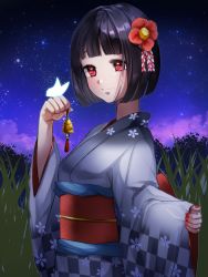 Rule 34 | 1girl, bell, black hair, blunt bangs, bob cut, bug, butterfly, butterfly on hand, camellia, cloud, floral print, flower, from side, grass, grey kimono, hair flower, hair ornament, hand up, highres, hitsuji kumo, insect, japanese clothes, kimono, long neck, looking at viewer, nail polish, night, night sky, obi, original, purple sky, red eyes, red nails, sash, short hair, sky, solo, star (sky), starry sky, tareme, wide sleeves