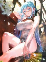 Rule 34 | 1girl, artist name, blue hair, blush, breasts, china dress, chinese clothes, dress, flower, glasses, hair ornament, hand fan, indoors, large breasts, long hair, looking at viewer, monocle, nyan5000, omc, petals, pince-nez, sitting, smile, solo, very long hair