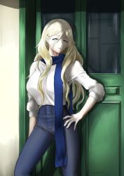 Rule 34 | 1girl, blonde hair, blue eyes, blue scarf, commentary request, denim, doorway, feet out of frame, green background, hair between eyes, high-waist pants, highres, jeans, kantai collection, long hair, long sleeves, mrdotd, open mouth, pants, richelieu (kancolle), scarf, shirt, wall, white shirt, yellow background