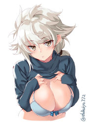 Rule 34 | 1girl, alternate costume, asymmetrical hair, blue bow, blue shirt, bow, bow bra, bra, braid, breasts, casual, cleavage, cropped torso, ebifurya, hair between eyes, highres, kantai collection, large breasts, lifting own clothes, long hair, long sleeves, messy hair, parted lips, pink lips, shirt, silver hair, single braid, solo, stomach, twitter username, underwear, unryuu (kancolle), upper body, very long hair, wavy hair, white background, yellow eyes
