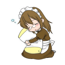 Rule 34 | 1girl, brown hair, chibi, closed eyes, futaba channel, glasses, hugging object, kneeling, maid, nemui, nijiura maids, pillow, pillow hug, pince-nez, simple background, sleeping, solo, white background