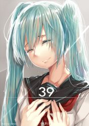 Rule 34 | 10s, 1girl, 39, 2014, aqua hair, artist name, birthday, commentary, dated, closed eyes, hands on own chest, hatsune miku, hews, long hair, school uniform, serafuku, smile, solo, twintails, vocaloid