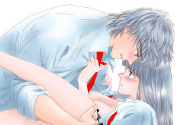 Rule 34 | 1boy, 1girl, 7743kn, blue hair, blush, boy on top, breasts, brown eyes, cleavage, clenched teeth, etou ranze, implied sex, lace, leg up, makabe shun, necktie, open clothes, open shirt, shirt grab, simple background, sweatdrop, tears, teeth, tokimeki tonight, white background