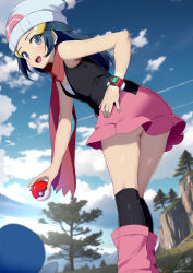 Rule 34 | 1girl, :d, ashino moto, ass, bare arms, beanie, black socks, blue eyes, blue hair, blue sky, cloud, commentary request, creatures (company), dawn (pokemon), day, from behind, game freak, hat, highres, holding, holding poke ball, leaning forward, looking back, miniskirt, mountain, nintendo, open clothes, open mouth, outdoors, pink skirt, poke ball, poke ball (basic), pokemon, pokemon (anime), pokemon dppt (anime), red scarf, scarf, signature, skirt, sky, smile, socks, solo, tree, watch, white hat, wristwatch