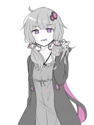 Rule 34 | 1girl, arm up, blush, commentary request, criss-cross halter, disgust, dress, greyscale, hair ornament, halterneck, holding, holding hair, hood, hood down, hooded jacket, jacket, long sleeves, looking at viewer, monochrome, open mouth, purple eyes, sakadakei, short hair with long locks, simple background, solo, spot color, sweat, vocaloid, voiceroid, yuzuki yukari