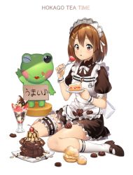 Rule 34 | 1girl, apron, bad id, bad pixiv id, black footwear, blush, breasts, brown eyes, cake, candy, cherry, chocolate, chocolate heart, commentary request, dress, eating, food, frog, fruit, hair between eyes, heart, hirasawa yui, holding, k-on!, lips, looking at viewer, maid, maid apron, maid headdress, puffy short sleeves, puffy sleeves, rnrnmm0624, shoes, short hair, short sleeves, simple background, small breasts, socks, solo, strawberry, tongue, tongue out, white background, white socks