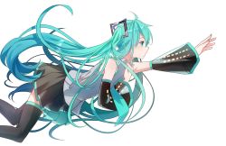 Rule 34 | 1girl, ahoge, black skirt, black sleeves, black thighhighs, blue eyes, blue hair, detached sleeves, floating hair, frilled shirt, frills, from side, grey shirt, hair ornament, hatsune miku, long hair, miniskirt, outstretched arm, pleated skirt, see-through, shirt, skirt, sleeveless, sleeveless shirt, solo, suiboku tanren, thighhighs, twintails, very long hair, vocaloid, wide sleeves, zettai ryouiki