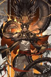 Rule 34 | 1boy, arknights, armor, artist name, brown hair, chong yue (arknights), closed mouth, dragon, dragon boy, dragon horns, dragon tail, earrings, eastern dragon, feet out of frame, floating hair, hands up, hashtag-only commentary, highres, horns, jewelry, kurosaki sasori, long hair, looking at viewer, low ponytail, male focus, multicolored hair, palm-fist greeting, pauldrons, pointy ears, red eyes, rerebrace, shoulder armor, single pauldron, sleeveless, smile, solo, standing, streaked hair, tail, twitter username, very long tail, watermark