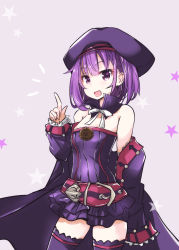 Rule 34 | 1girl, ^^^, bare shoulders, belt, beret, black hat, blush, breasts, detached collar, dress, fate/grand order, fate (series), hat, head tilt, helena blavatsky (fate), helena blavatsky (third ascension) (fate), highres, index finger raised, long sleeves, off shoulder, purple eyes, purple hair, purple thighhighs, shirogane (platinum), simple background, small breasts, solo, star (symbol), starry background, strapless, strapless dress, thighhighs