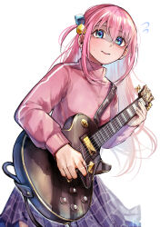 Rule 34 | 1girl, absurdres, black skirt, blue eyes, blush, bocchi the rock!, cowboy shot, cube hair ornament, electric guitar, flying sweatdrops, gotoh hitori, guitar, hair between eyes, hair ornament, highres, holding, holding instrument, instrument, jacket, long hair, long sleeves, music, one side up, open mouth, pink hair, pink jacket, playing instrument, pleated skirt, shaded face, simple background, skirt, solo, suama (suama-333), track jacket, white background