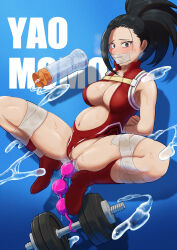 1girl absurdres anal anal_beads anal_object_insertion armpits arms_behind_back artist_name artist_request ass bare_shoulders bdsm black_eyes black_hair blue_background blush boku_no_hero_academia bondage boots bound bound_arms bound_legs bound_wrists breasts censored center_opening character_name cleavage clothing_aside crying crying_with_eyes_open cutout_above_navel dumbbell embarrassed female_focus gag gagged gluteal_fold halterneck highres improvised_gag knee_boots large_breasts legs legs_apart leotard leotard_aside looking_at_viewer lube lube_bottle navel object_insertion ponytail pussy pussy_juice revealing_clothes sex_toy simple_background skindentation solo solo_focus stomach stomach_bulge sweat sweatdrop tape tape_bondage tape_gag tearing_up tears thighs yaoyorozu_momo