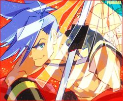 Rule 34 | 1boy, baggy pants, blue eyes, blue hair, galo thymos, gloves, looking at viewer, male focus, matahei, matoi, pants, pectorals, promare, topless male, smile, spiked hair