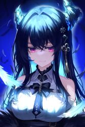 Rule 34 | 1girl, absurdres, asymmetrical horns, black hair, blue hair, clothing cutout, collared dress, colored inner hair, demon horns, dress, feathers, grim jisoo, highres, hololive, hololive english, horns, long hair, looking at viewer, mole, mole under eye, multicolored hair, nerissa ravencroft, nerissa ravencroft (1st costume), red eyes, shoulder cutout, smile, solo, virtual youtuber, white dress