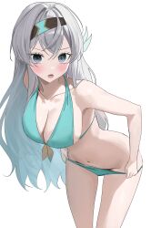 1girl :o absurdres alternate_costume aqua_bikini armpits bare_legs bare_shoulders bikini bikini_bottom_pull black_headband blush breasts cleavage collarbone commentary firefly_(honkai:_star_rail) grey_hair halterneck headband highres honkai:_star_rail honkai_(series) large_breasts long_hair looking_at_viewer navel open_mouth pibag simple_background solo stomach string_bikini swimsuit thighs two-tone_eyes undressing white_background