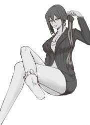 Rule 34 | 1girl, bare legs, barefoot, bdsm, breasts, business suit, cleavage, closed mouth, collarbone, crossed legs, feet, foot focus, foot up, formal, from below, greyscale, holding, holding clothes, holding legwear, legs, long hair, looking at viewer, mole, mole under eye, monochrome, neri aisu, office lady, original, pantyhose, sadism, sitting, smile, smirk, soles, solo, suit, thighs, toes, unworn pantyhose, white background