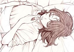 Rule 34 | 1girl, blanket, blush, closed eyes, commentary request, hand up, highres, holding, holding thermometer, kanazawa shinnosuke, loose clothes, loose shirt, lying, on back, original, pillow, shirt, short sleeves, thermometer, translation request, under covers