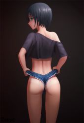 Rule 34 | ass, back, black hair, black shirt, brown background, closed mouth, clothes lift, commentary request, cutoffs, denim, denim shorts, from behind, green eyes, highres, legs apart, lifting own clothes, looking back, micro shorts, off shoulder, original, profile, shirt, short hair, short shorts, shorts, shorts lift, simple background, single bare shoulder, smile, standing, tan, tanline, thighs, tomboy, wedgie, zoryc