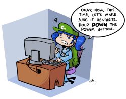 Rule 34 | 1girl, backpack, bag, blue eyes, blue hair, chair, computer, desk, english text, female focus, hair bobbles, hair ornament, hat, headset, kawashiro nitori, key, keyboard (computer), leomodesto, matching hair/eyes, short twintails, sitting, solo, squiggle, tech support, touhou, truth, twintails, two side up