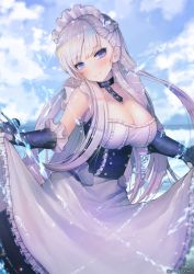 Rule 34 | 1girl, apron, azur lane, bad id, bad twitter id, belfast (azur lane), blue eyes, blue sky, blush, braid, breasts, chain, choker, cleavage, closed mouth, clothes lift, cloud, collarbone, cowboy shot, day, dress, dress lift, elbow gloves, floating hair, french braid, frilled gloves, frilled sleeves, frills, gauntlets, gloves, hanato (seonoaiko), head tilt, highres, large breasts, light particles, long hair, looking at viewer, maid, maid headdress, outdoors, shiny skin, sidelocks, silver hair, sky, smile, solo, sparkle, splashing, twitter username, water, water drop, white gloves