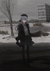 Rule 34 | 1girl, arms at sides, bare tree, beret, birch tree, black bow, black footwear, black hat, black jacket, black pantyhose, black skirt, bow, braid, building, chihuri, cloud, cloudy sky, collared shirt, dress shirt, eva (chihuri), eve (chihuri), eyepatch, full body, grey eyes, grey hair, grey shirt, hair bow, hair over one eye, hat, highres, jacket, loafers, long hair, long sleeves, medical eyepatch, open clothes, open jacket, original, outdoors, pantyhose, parted lips, puddle, shirt, shoes, skirt, sky, sleeves past wrists, snow, solo, standing, tree, very long hair, water