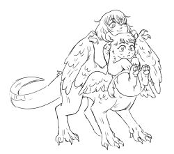 Rule 34 | 1girl, absurdres, almond (watery day), carrying, chimera, commentary, dragon girl, dungeon meshi, english commentary, falin touden, falin touden (chimera), feathered wings, full body, greyscale, happy, highres, laios touden, lion boy, lion cub, monochrome, monster boy, monster girl, one eye closed, short hair, simple background, sketch, smile, spoilers, standing, surprised, sweat, wings