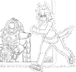 Rule 34 | 1boy, 1girl, ?, animal ears, animal hands, armor, artist request, dog ears, dog tail, full body, furry, furry female, greyscale, headband, imperi, imperiumdraws, mask, monochrome, monster musume no iru nichijou, necron, pauldrons, polt, running, shoes, shorts, shoulder armor, skull mask, tablet pc, tail, tank top, thighs, treadmill, warhammer 40k, wristband