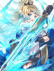Rule 34 | 1girl, absurdres, alternate hairstyle, aqua hair, black gloves, blonde hair, blue eyes, clear glass (mildmild1311), fire emblem, fire emblem heroes, fjorm (fire emblem), gloves, highres, holding, holding sword, holding weapon, long hair, looking at viewer, nintendo, open mouth, ponytail, reverse grip, solo, sword, v-shaped eyebrows, weapon