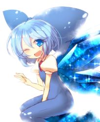 Rule 34 | 1girl, backlighting, between legs, blue bow, blue dress, blue eyes, blue hair, bow, cirno, dress, hair bow, hand between legs, ice, ice wings, kuresento, looking at viewer, matching hair/eyes, no nose, one eye closed, open mouth, puffy short sleeves, puffy sleeves, short hair, short sleeves, sitting, smile, solo, touhou, white background, wings