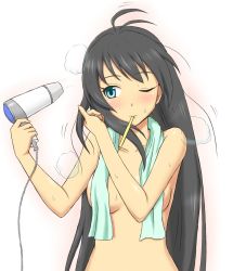 Rule 34 | 1girl, antenna hair, aqua eyes, black hair, blue eyes, blush, breasts, ca-nal, censored, convenient censoring, ganaha hibiki, hair down, hair dryer, hairdressing, idolmaster, idolmaster (classic), long hair, messy hair, mouth hold, naked towel, nude, one eye closed, out-of-frame censoring, ruffling hair, solo, toothbrush, towel, towel around neck, upper body, very long hair, wet, wet hair, wink